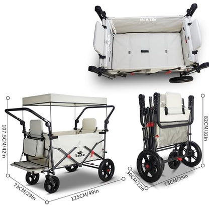TMZ Foldable Wagon with Rain Cover & 2 Seats, Collapsible Folding Wagon with Adjustable Handle Bar, Multi Functional Cart with Canopy, Front Expandable Garden Cart (Transparent/Beige) - color: Transparent/Beige