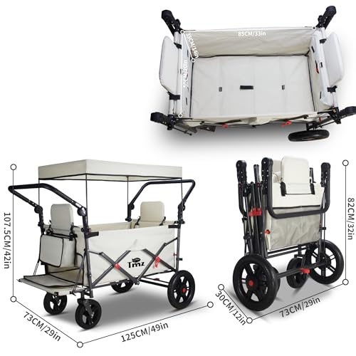 TMZ Collapsible Wagon with 2 Foldable Seats, Folding Wagon with Canopy, Multi Functional Cart with Adjustable Handle Bar, Front Expandable for Transport Camping (Beige) - color: Beige