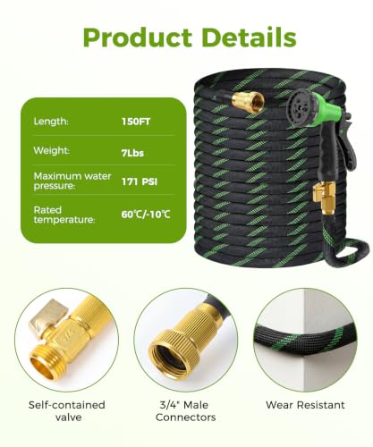 150ft Garden Hose，Non-Expandable Water Hose with 8 Function Spray Nozzle, Burst-Resistant，Kink-Free，Lightweight，Durable & Flexible 3/4" Garden Hose for Gardening, Yard，Lawn, Car Washing - size: 150ft
