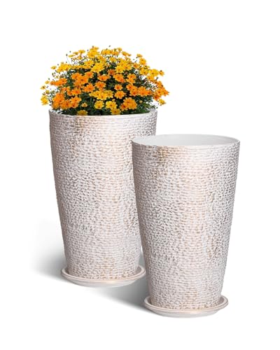 VEVOR Set of 2 Tall Outdoor Planters 21" H, Round Large Planters for Front Porch and Patio, Stone Finish Flower Tree Plant Pots - color: Beige, size: 21 inch