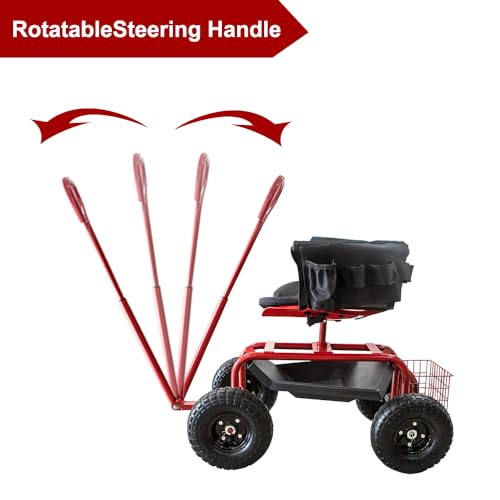 THUNDERBAY Garden Cart Rolling Workseat with Wheels, 360 Degree Swivel Seat, Wagon Scooter with Steering Handle & Utility Tool Tray for Planting, with Storage Basket and Tool Pouch, Red - color: Red