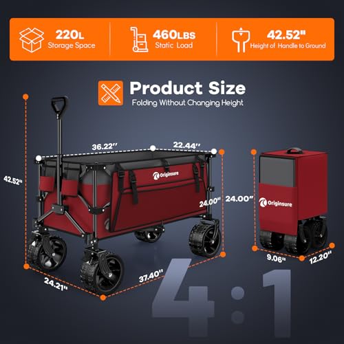 Originsure 220L Foldable Beach Wagon Cart with Big Wheels, 460lbs, Grey&Red - color: Grey&burgundy