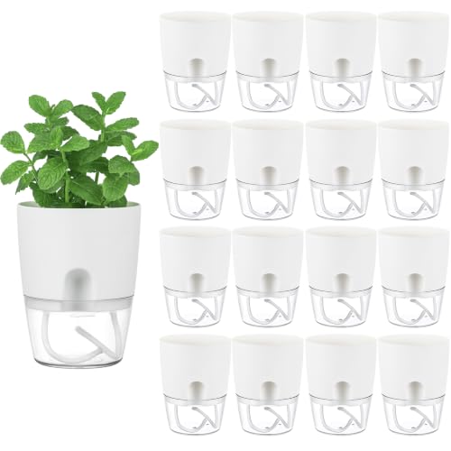 Planterhoma 16 Pack Self Watering Pots for Indoor Plants, 3.2 Inch Plant Pot Plastic Self Watering Planter for Orchid, African Violet, Small Clear Flower Pot with Drainage Hole and Wicking Rope, White - color: White, size: 3.2 In - 16 Packs