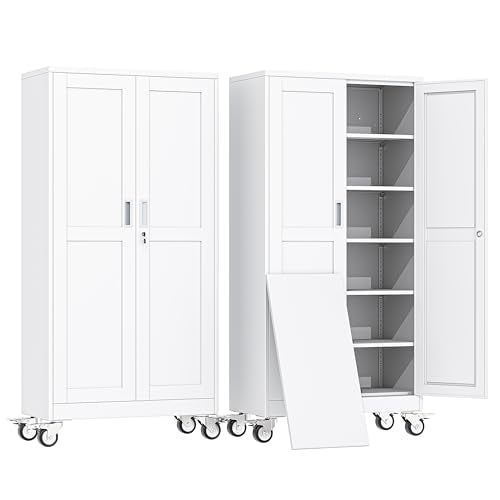 erosoei 74" H Metal Garage Storage Cabinet, Rolling Tool Cabinet with 2 Doors and Wheels, Locker Steel Cabinet with 5 Adjustable Shelves, Organization Cabinet for Garage,Office,Home,Gym,School（White） - color: White, size: Upgraded Size