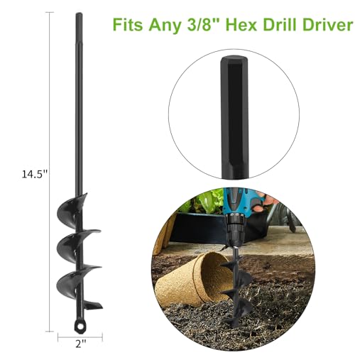 Auger Drill Bit for Planting 2 x 14.5 Inch, Garden Drill Bit for 3/8" Hex Drive, Earth Post Hole Digger Bulb Planter Plant Flower Planting Auger for Drill Rapid Bedding Digging - size: 2" x 14.5"-Black