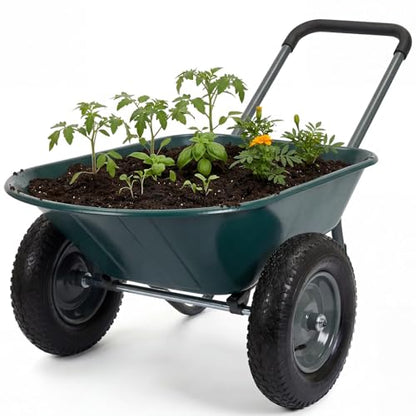 Garvee Wheelbarrow Garden Cart, Heavy Duty Home Utility, Dual-Wheel Home Garden Yard Utility Wheelbarrow Cart with Built-in Stand,(Green) - color: Green+black