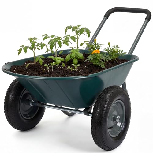 Garvee Wheelbarrow Garden Cart, Heavy Duty Home Utility, Dual-Wheel Home Garden Yard Utility Wheelbarrow Cart with Built-in Stand,(Green) - color: Green+black