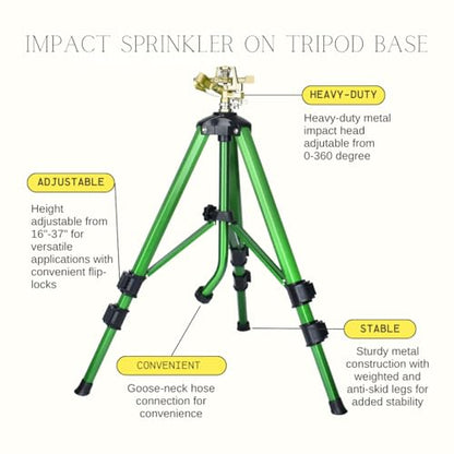 Tripod Sprinkler on Stand, Heavy Duty Impact Lawn Sprinkler 360° Coverage, Large Area Irrigation for Garden & Yard, Adjustable 16"-37" Height, Tripod Sprinkler System — 1-Pack CWS105201