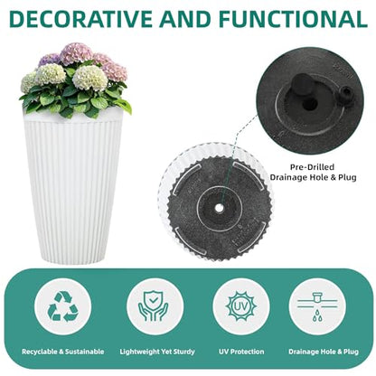 Autodaya 20" Tall Fluted Resin Planters Set of 2 with Drainage Holes - color: White Fluted-20"h