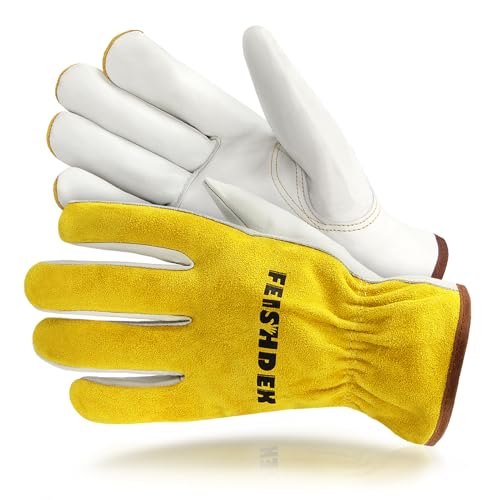 Leather Work Gloves, Puncture Proof Garden Gloves for Women, Heavy Duty Safety Working Gloves for Men - color: Yellow+white, size: X-Large