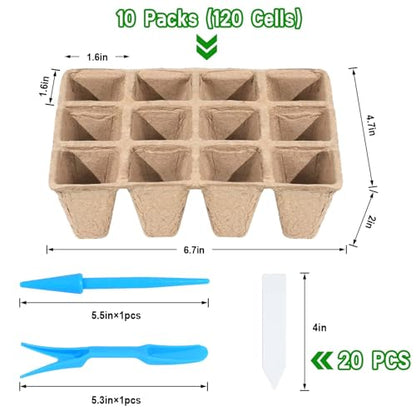 10 Packs Seedling Starter Trays, 120 Cells Biodegradable Seed Starter Plant Pots，Seed Germination Starter Tray Kit with 20 Labels, 2 Transplant Tools