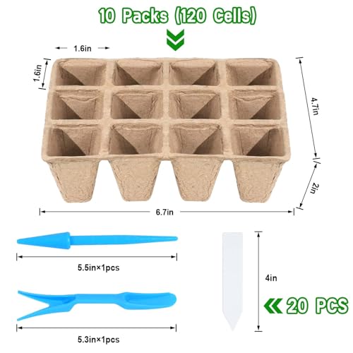 10 Packs Seedling Starter Trays, 120 Cells Biodegradable Seed Starter Plant Pots，Seed Germination Starter Tray Kit with 20 Labels, 2 Transplant Tools