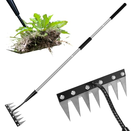 Weed Puller Tool 7-Tooth Iron Weeding Rake with Long Handle - Heavy Duty Garden Weeding Tool for Cultivating, Soil Aeration & Weed Removal
