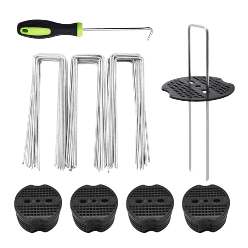 100Sets Garden Stakes Staples and Fixing Gaskets 6 Inch U Shaped Heavy Duty Lawn Staples 11 Gauge Galvanized Landscape Pins with 1 Pick Hook for Weed Barrier Fabric Ground Covers Holding Fence