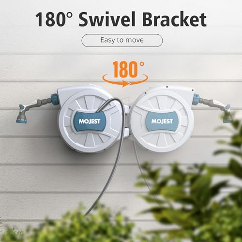 MOJEST Retractable Garden Hose Reel - 1/2 in x 100 ft Wall Mounted Heavy Duty Water Hose Reel with Automatic Slow Rewind System, 2 Hose Nozzle, 180°Swivel Bracket, Light Gray - color: Light Gray, size: 100FT