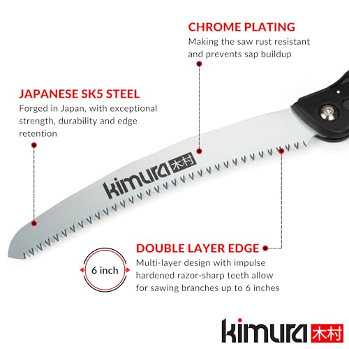 Kimura Folding Saw, Heavy Duty 10 Inch Curved Blade, Japanese SK5 Steel, Hand Saws for Branches, Wood & Camping, Pruning Saw with Impulse Hardened Double Layer Edge