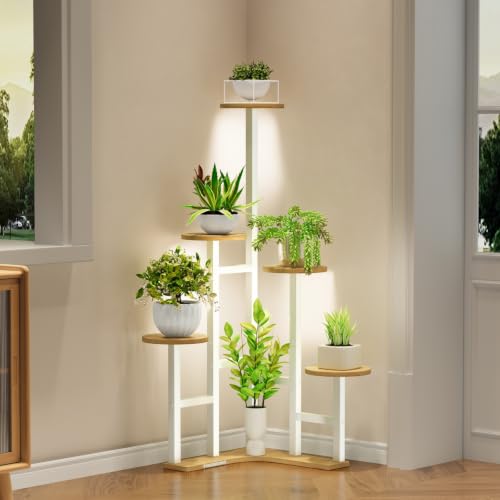 Corner Plant Stand Indoor with Grow Lights 6 Tiered Corner Plant Shelf - color: White Oak(with Lights), size: 6 Tier-Round