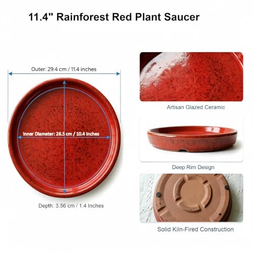 11.4 Inch Ceramic Plant Saucer, Rainforest Red - color: Rainforest Red