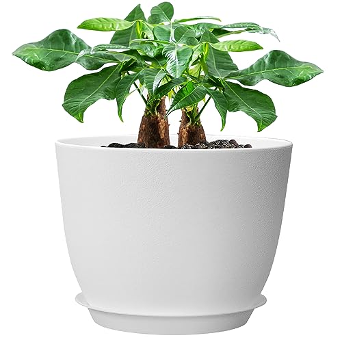 UOUZ 12inch Large Plant Pot, Modern Plastic Planter with High Driange Holes and Saucer for Indoor Outdoor Garden Plants and Flowers, White - color: White