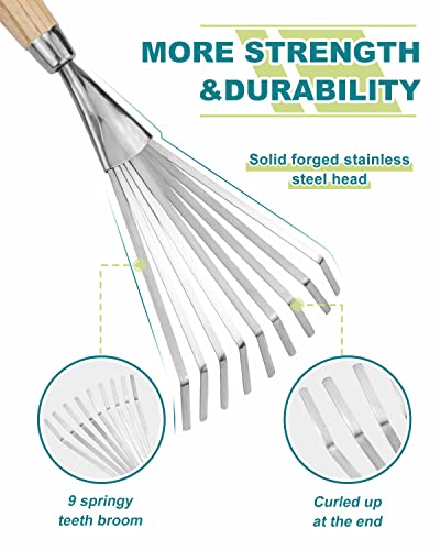 Hand Cultivator with 9-Teeth Rake - 14.4 Inch for Garden Bed Cultivating Soil, Weeding, Raking Leaves, Levelling Gravel - Solid Wood Handle