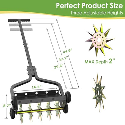 Seeutek 18 Inch Lawn Aerator, Upgraded Heavy Duty Manual Aerators Lawn Tool w/ 3D Steel Tines, 4 Wheels & Non-Slip Handle, Push Spike Aerator Suitable for Lawn, Garden and Yard - size: 18" Upgraded