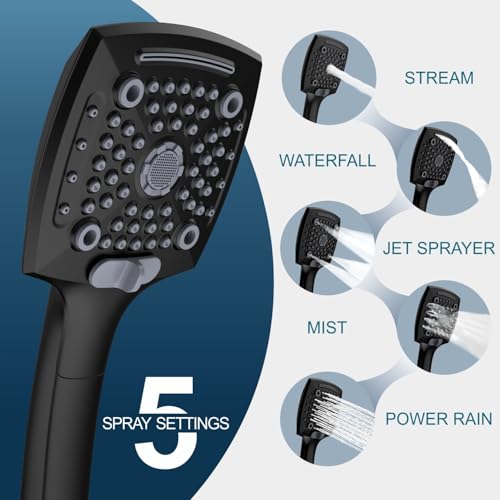 ELLO&ALLO High-Pressure Handheld Shower Head with 5 Spray Modes, 59-Inch Kink-Free Stainless Steel Hose & 360° Adjustable Bracket Perfect for Pet Bathing, Baby Care, Matte Black - color: Matte Black, style: Without Filter