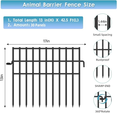 42.5ft (L) X 13in (H) Garden Animal Barrier Fence, 30 Pack No Dig Dog Fence Border, 1.44in Gap Decorative Fences, Rustproof Metal Wire Garden Border Fence for Dog, Rabbits Ground Stakes - color: Black, size: 30 Panels, 13 in x 42.5 ft