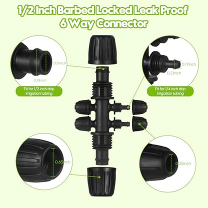 50 FT 1/2 Inch Drip Irrigation Tubing Kit-Drip Line Irrigation Hose 1/2 Inch with 1/2" to 1/4" Barbed Locked 6-Way & 1/2" Tee Connectors-Drip Tube Irrigation Fittings System Parts for Garden Watering