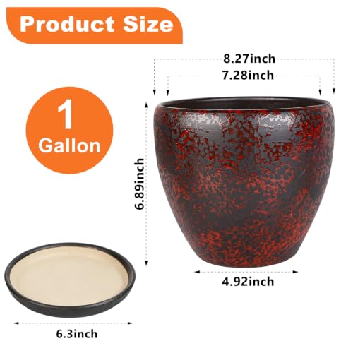 Ceramic Plant Pots With Saucer & Drainage Hole, 8 inch Indoor Flower Pots - color: Red, size: 8 inch