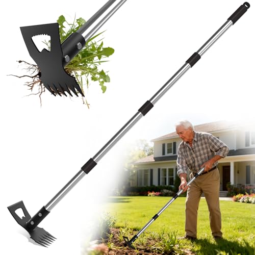2-in-1 Stand Up Weed Puller & Garden Hoe Rake, 63" Adjustable Long Handle