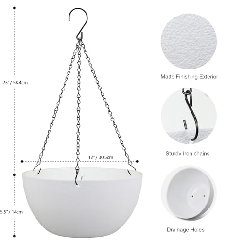 Meowell 12 inch Large Hanging Planters for Indoor Outdoor Plants, 2 Pack Hanging Flower Pots with Drainage Holes and Chain for Garden Porch, Plastic Hanging Baskets for House Plants, White - color: White, size: 12inch 2pcs