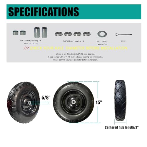 4.00-8 Solid Tire, 15" Heavy-Duty PU Wheelbarrow Replacement, Flat-Free Puncture Proof for Utility Carts & Garden Wagons, 5/8" Bushing, 2-Pack - size: 15"/4.00-8.