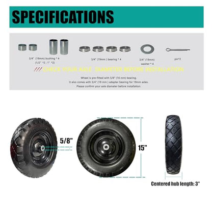 4.00-8 Solid Tire, 15" Heavy-Duty PU Wheelbarrow Replacement, Flat-Free Puncture Proof for Utility Carts & Garden Wagons, 5/8" Bushing, 2-Pack - size: 15"/4.00-8.