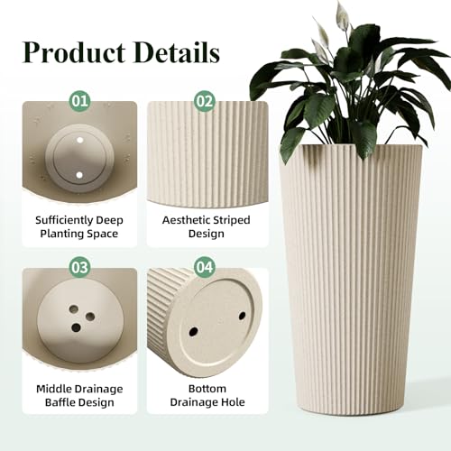 24" Tall Round Planters for Outdoor Plants Fluted Finishes - Beige - color: Beige