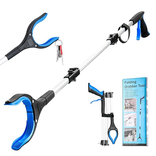 43 inch Extra Long Grabber Reacher Tool,Foldable Reacher Grabber Pickup Tool with Strong Grip Magnetic,360°Rotating Anti-Slip Jaw,Grabbers for Seniors for Outdoor & Indoor (Blue)