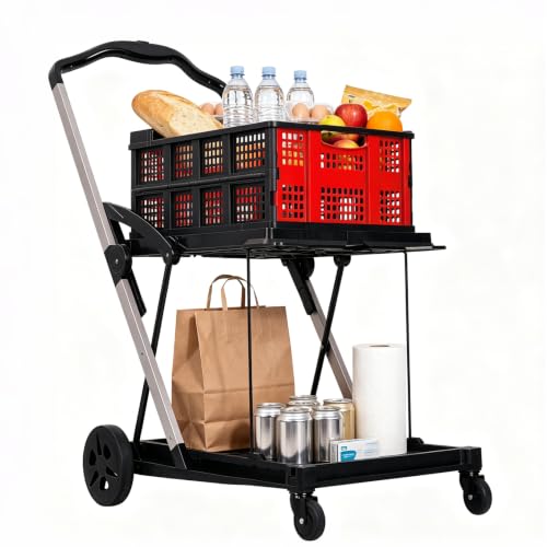 Heavy-Duty 2-Tier Collapsible Garden Utility Cart – Removable Crate, 360° Swivel Wheels, Lightweight Aluminum Frame, Collapsible Yard Trolley for Groceries, Laundry, Office, Red - color: Red