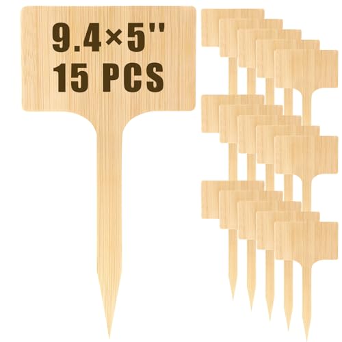 Hicarer 15 Pcs 9.4" x 5" Extra Large Bamboo Garden Labels, Natural Bamboo T-Type Large Plant Markers for Herbs, Flowers & Vegetables – Easy to Read Full-Size Tags for Garden Outdoor - color: Solid Wood Style, size: 9.4" X 5"