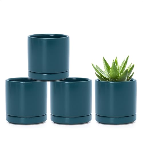 D'vine Dev 4-Pack Ceramic Pots with Saucers, Teal, 3.5 in, 94-X-A-9 - color: Teal, size: 3.5 Inch