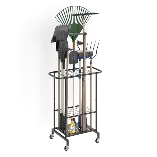 Garden Tool Organizer with Wheels, Heavy Duty Metal Garage Tool Storage Rack, Yard Tool Holder for Long-Handled Tools, Rakes and Brooms, Indoor and Outdoor Use for Shed, Patio - style: Tool Rack with Wheels
