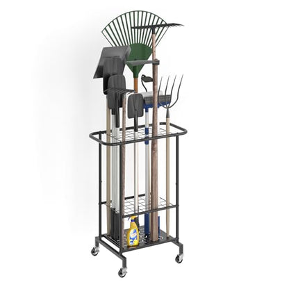 Garden Tool Organizer with Wheels, Heavy Duty Metal Garage Tool Storage Rack, Yard Tool Holder for Long-Handled Tools, Rakes and Brooms, Indoor and Outdoor Use for Shed, Patio - style: Tool Rack with Wheels