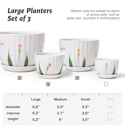 STHIE 4/5/6 Inches White Ceramic Plant Pots with Drainage Holes and Saucer - color: White Floral-big Size