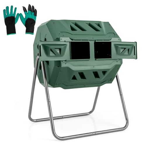 Goplus Compost Bin, Outdoor 42-Gal Dual Chamber Composting Tumbler w/2 Sliding Doors, Heavy-Duty Metal Frame, 360° Rotatable Tumbling Composter, BPA-Free Compost Tumbler for Kitchen Garden Yard Waste - color: Green