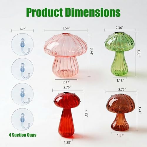 Window Propagation Stations, Propagation Vases, Colored Mushroom Glass Vases with Suction Cups, Nail-Free Easy-Install Wall-Mounted Planters, Plant Lover Gifts (4-Pack)