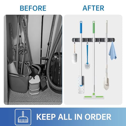 ZONGOOL 2 Pack Mop Broom Holder Wall Mount 3 Racks 4 Hooks Storage Black - color: Black, size: 2Pack 3R4H