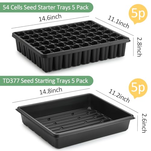 RooTrimmer 5 Pack Seedling Starter Trays No Holes and 5 Pack 54 Cell Seed Starter Trays Extra Deep 2.8" - Heavy Duty Plastic Nursery Trays for Seed Germination & Plant Propagation (5 Sets) - size: 54 Cells Plug Tray-5P+54 Cells Bottom Tray-5P