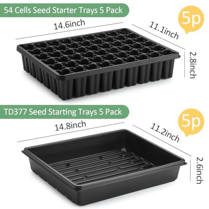 RooTrimmer 5 Pack Seedling Starter Trays No Holes and 5 Pack 54 Cell Seed Starter Trays Extra Deep 2.8" - Heavy Duty Plastic Nursery Trays for Seed Germination & Plant Propagation (5 Sets) - size: 54 Cells Plug Tray-5P+54 Cells Bottom Tray-5P