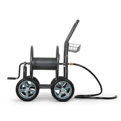 Backyard Expressions 4‑Wheel Garden Hose Reel Cart with Storage Basket, Hand‑Crank Rewind, Rust‑Resistant Hammertone Gray Finish, Brass Connectors - style: 2026 4 Wheel
