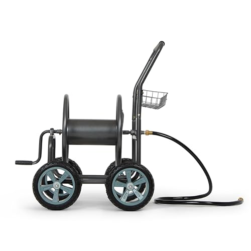 Backyard Expressions 4‑Wheel Garden Hose Reel Cart with Storage Basket, Hand‑Crank Rewind, Rust‑Resistant Hammertone Gray Finish, Brass Connectors - style: 2026 4 Wheel