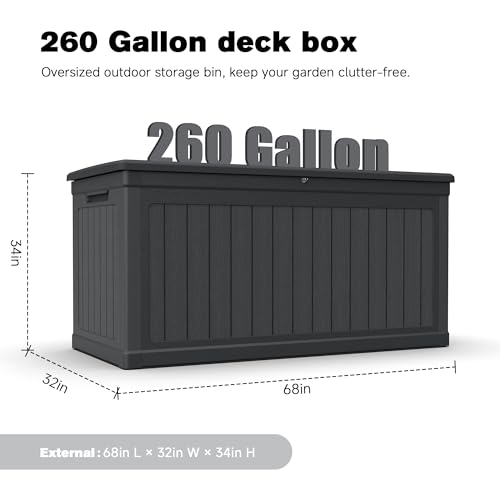 260 Gallon Black Resin Outdoor Storage Deck Box, XXL Bench Utility Box - color: Black-A