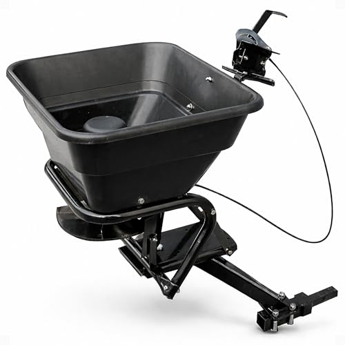 Field Tuff 12V 80 Pound Capacity Grass Seed Fertilizer Spreader with Hitch Mount Receiver and Rain Protector for ATV, UTV, or Utility Tractor